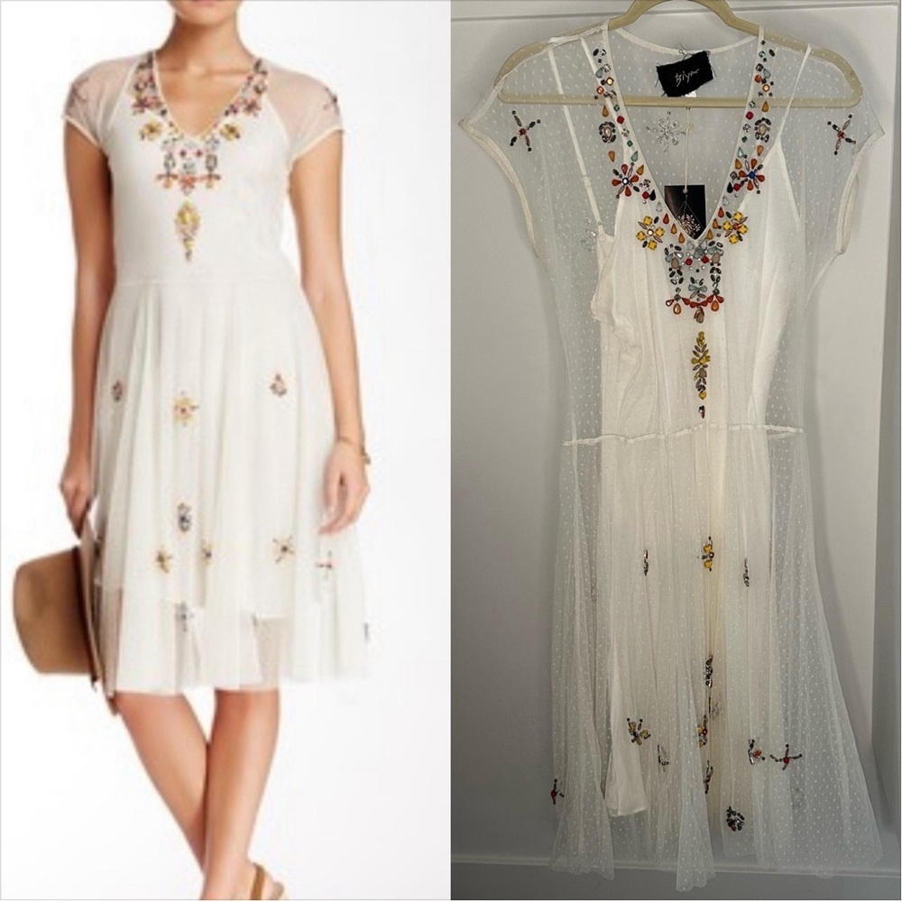 Johnny Was Cream Mesh Mini Dress with Multicolor Floral Embroidery